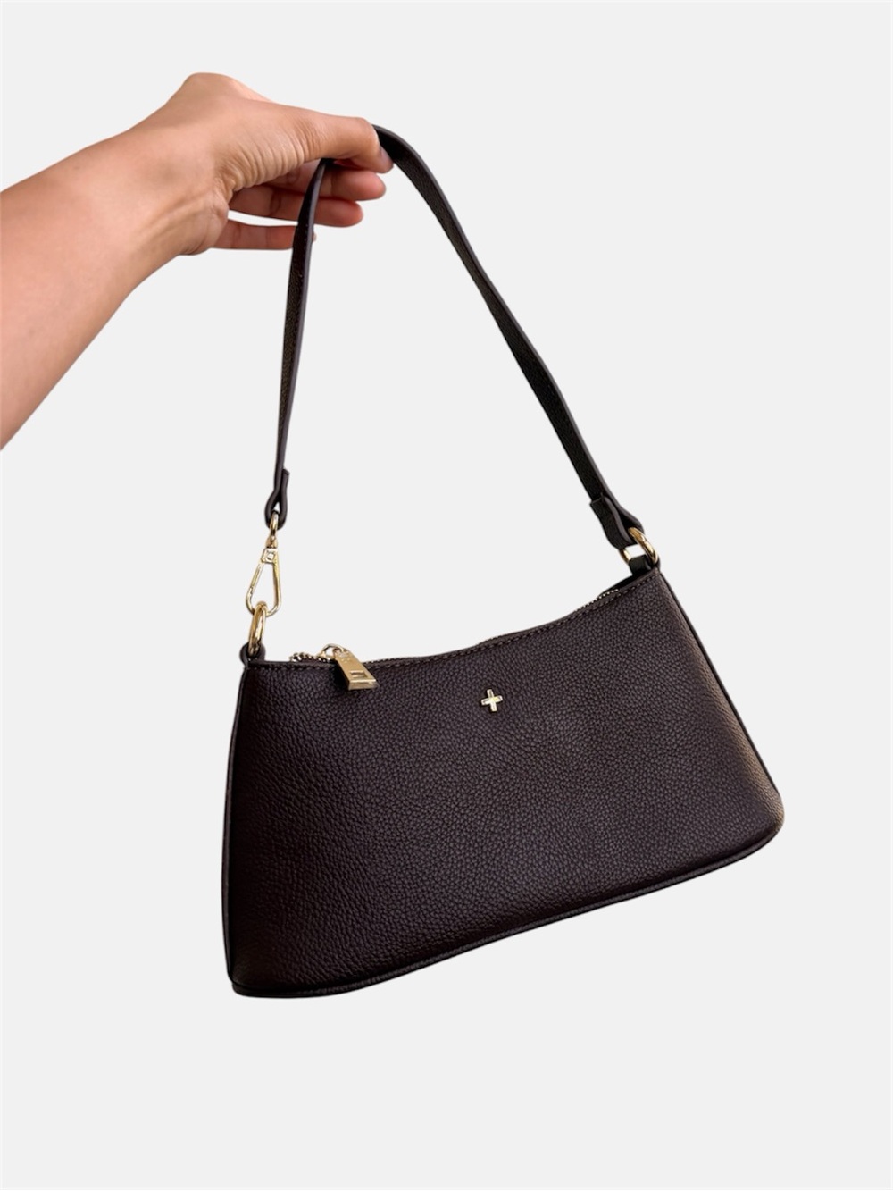 PETA + JAIN Chocolate Brown Pebbled Vegan Leather Shoulder Bag w/ Gold Hardware